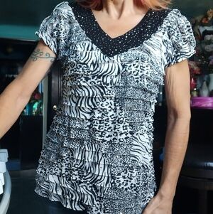 Ruffled Embellished Animal Print Top